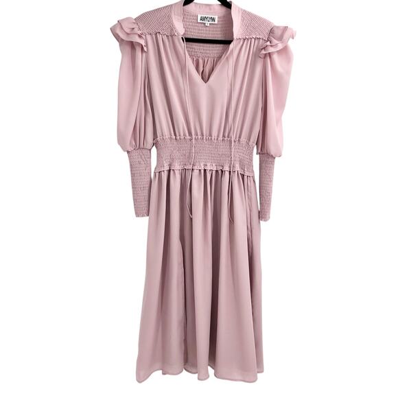 AMYLYNN Maeve Pink Smocked Long Sleeve Frill Shoulders Midi Dress Split Neck S - Picture 1 of 8